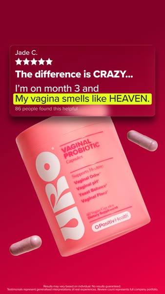 This image ad features OPositiv Health vaginal probiotic capsules. It showcases a customer testimonial about the product