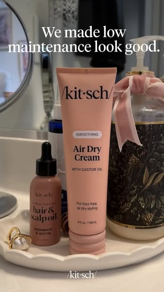 This image ad showcases Kitsch hair products, specifically their Air Dry Cream and hair and scalp oil. The ad emphasizes