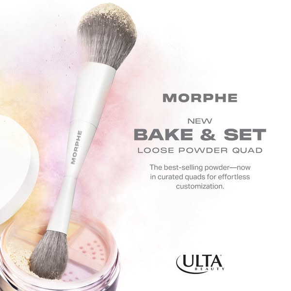 This Meta image ad promotes Morphe's 'Bake & Set' loose powder quad, emphasizing its best-selling status