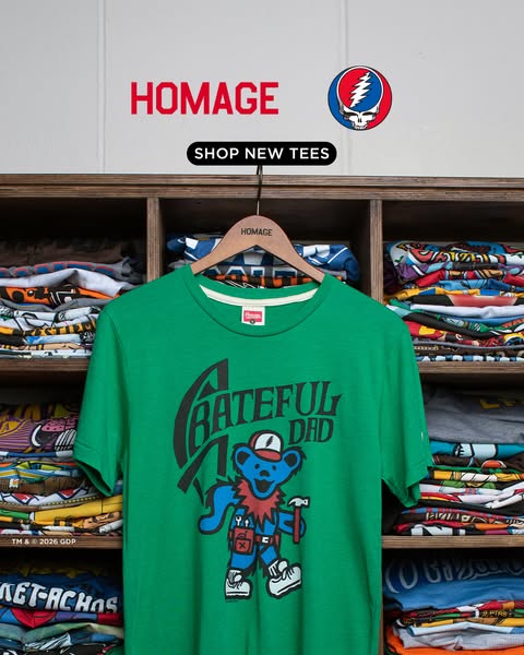 This is an advertisement for Homage, a brand selling shirts. The ad features a green t-shirt with an image of the Gratef