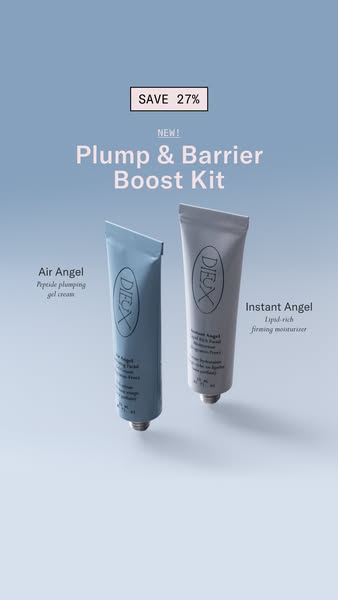 Ad for a Plump & Barrier Boost Kit which includes two products, Air Angel and Instant Angel by DIEUX Skin.