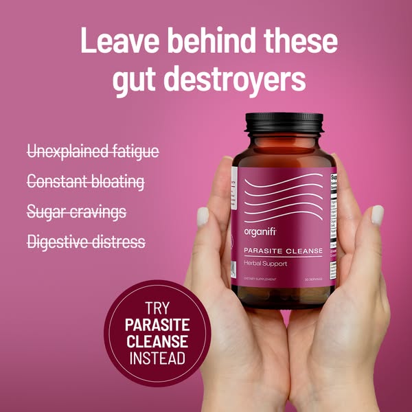 This ad promotes Organifi's Parasite Cleanse as a solution for common gut health issues like fatigue, bloating, suga