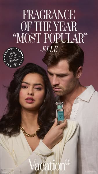 This ad for Vacation fragrance features a man and woman in a close embrace, with the woman holding the product. The ad h
