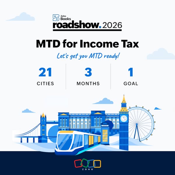 This ad promotes Zoho Books' Roadshow 2026, which focuses on MTD (Making Tax Digital) for income tax. The ad highlig