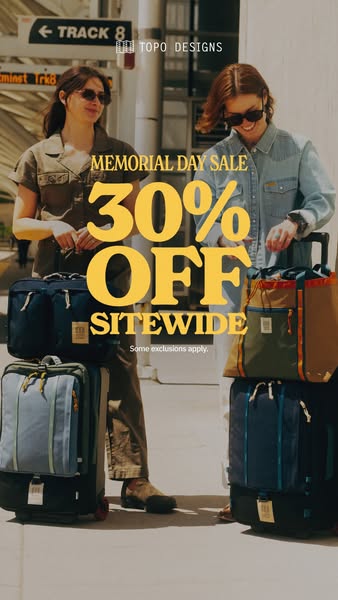 This image ad by Topo Designs promotes a Memorial Day sale of 30% off sitewide. It features two models in an airport or 