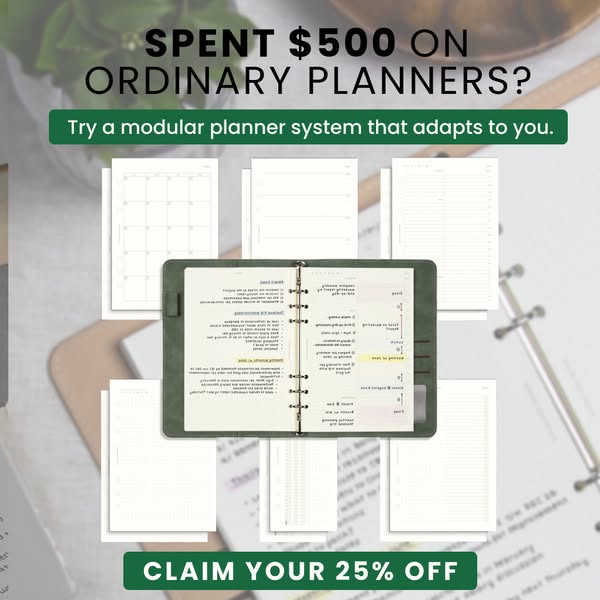 This ad is for a modular planner system. It highlights the problem of spending too much money on ordinary planners that 