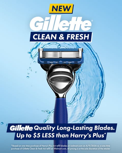 This image ad showcases the new Gillette Clean & Fresh razor, emphasizing its quality and long-lasting blades. It hi
