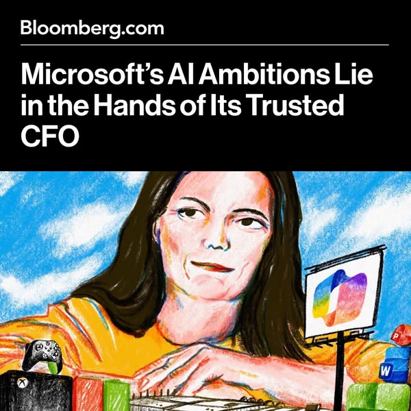 This ad for Bloomberg promotes an article about Microsoft's AI ambitions hinging on its CFO, using an illustration f