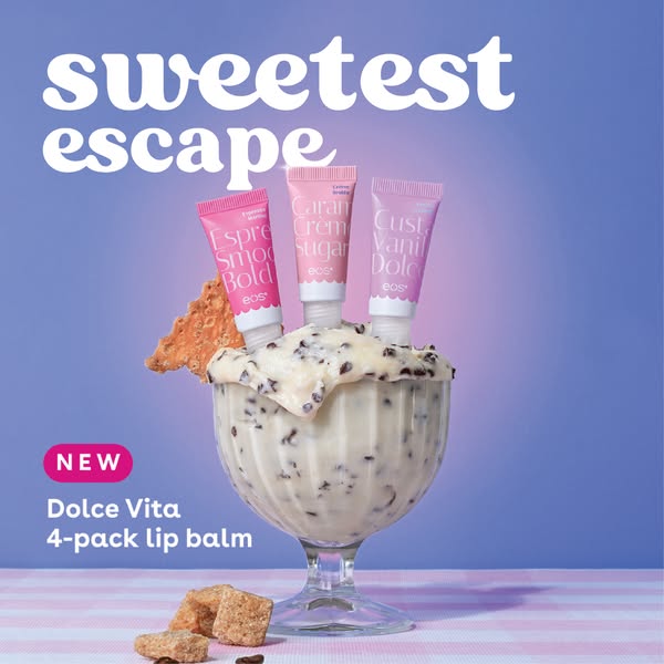 This ad features a new 4-pack lip balm collection from eos called Dolce Vita. The ad highlights the flavors in the colle