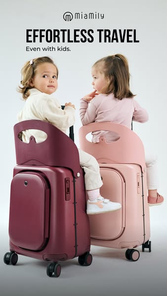 The ad features Miamily's carry-on luggage with an integrated child seat. Two young children are shown seated on the