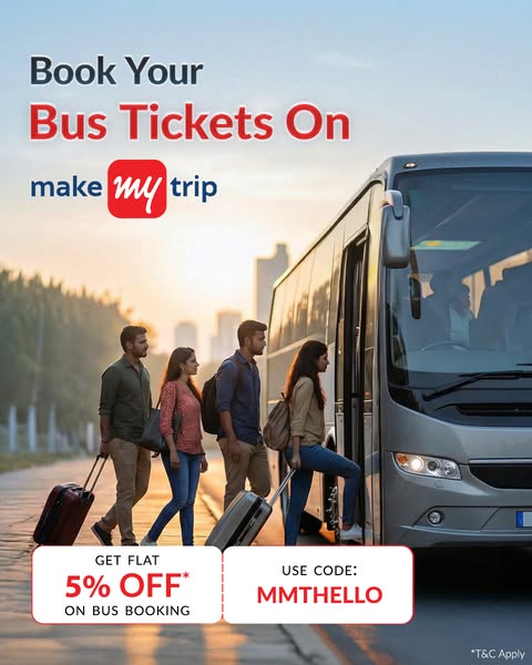 This image ad for MakeMyTrip promotes bus ticket bookings. It features a group of young adults boarding a bus, alongside