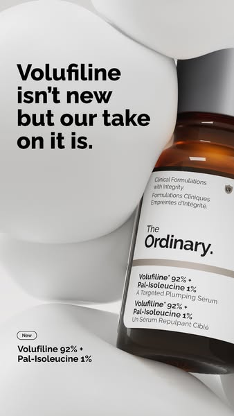 The ad showcases The Ordinary's Volufiline 92% + Pal-Isoleucine 1% serum as a new take on an existing ingredient. Th