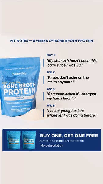 This image ad for Paleo Valley Bone Broth Protein uses social proof in the form of customer testimonials to demonstrate 