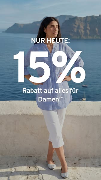 This image ad promotes a 15% discount on women's clothing. The ad features a woman in stylish clothing with a scenic