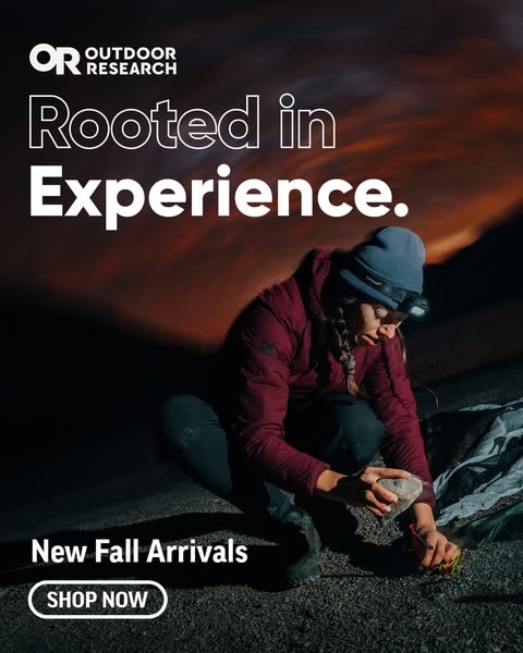 This image ad for Outdoor Research features a woman outdoors, presumably camping, and highlights new fall arrivals. The 