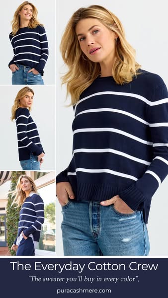 This ad showcases a blue and white striped sweater from pura cashmere, accompanied by text highlighting its versatility 