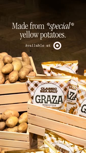 This ad showcases Graza Homestyle Chips, emphasizing that they are made from special yellow potatoes and available at Ta