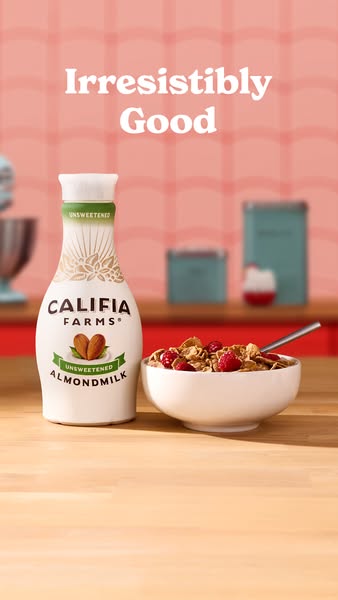 This image ad showcases Califia Farms Unsweetened Almondmilk alongside a bowl of cereal. The ad aims to highlight the al
