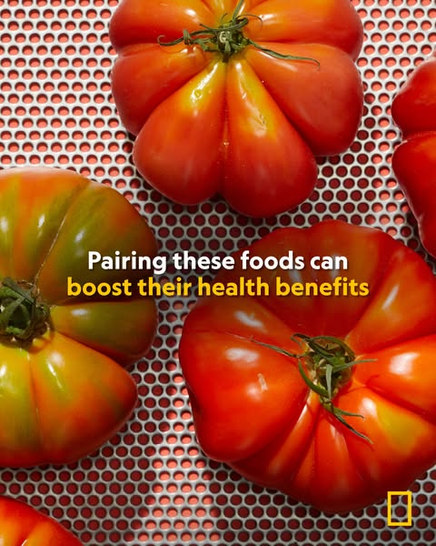 This ad from National Geographic features an overhead shot of several heirloom tomatoes on a metallic surface. Text over