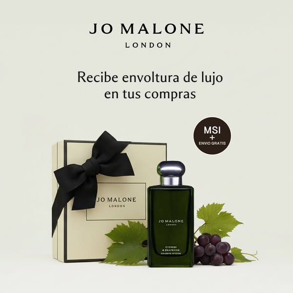 This image ad for Jo Malone London features a sophisticated presentation of their Cypress & Grapevine cologne, highl