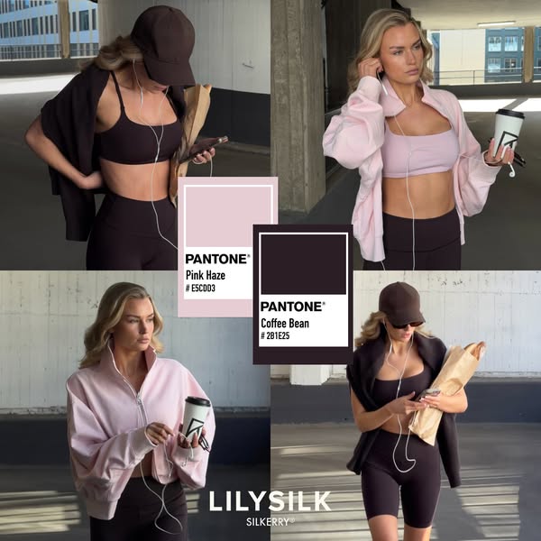 This ad features a four-quadrant layout showing a blonde woman wearing activewear in two different colors, along with pa