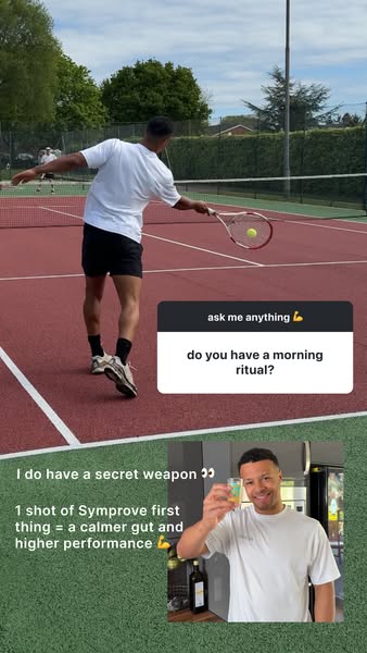 This ad uses a question and answer format to introduce the product Symprove. It features a man on a tennis court transit