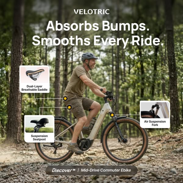 This image ad showcases the Velotric Discover 1 Mid-Drive Commuter Ebike, emphasizing comfort and smooth riding. It high