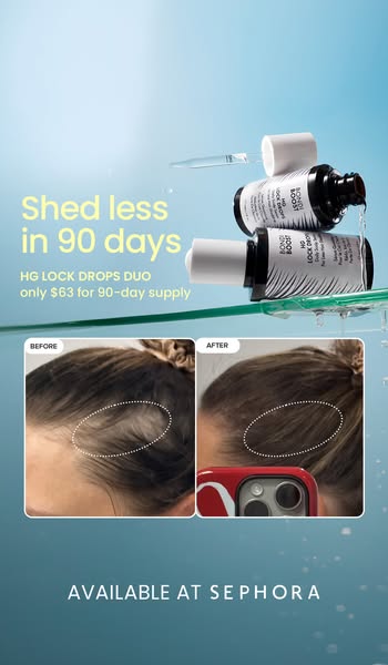 This image ad promotes Bondi Boost's HG Lock Drops Duo, promising reduced hair shedding in 90 days. It uses a split-