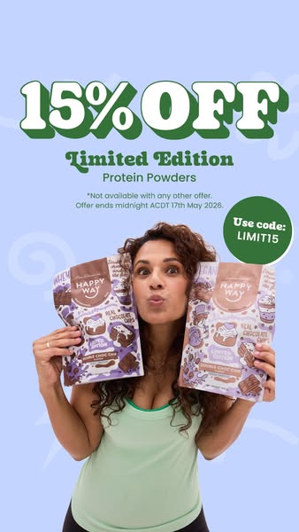 This image ad promotes Happy Way protein powders, highlighting a 15% off limited-time offer. The ad features a woman hol