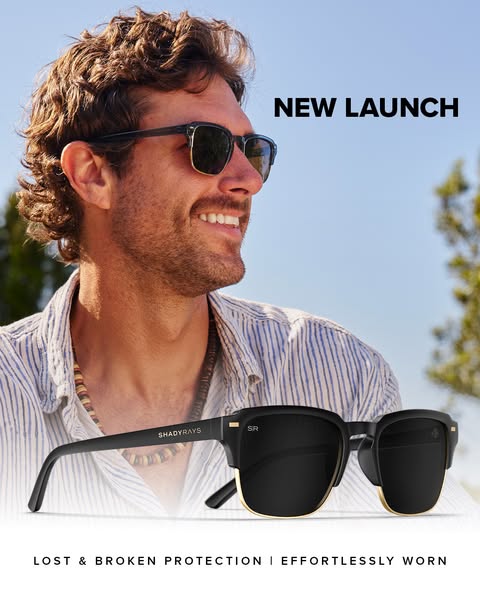 This ad promotes Shady Rays sunglasses as a new launch item, offering lost and broken protection, and easy wear.