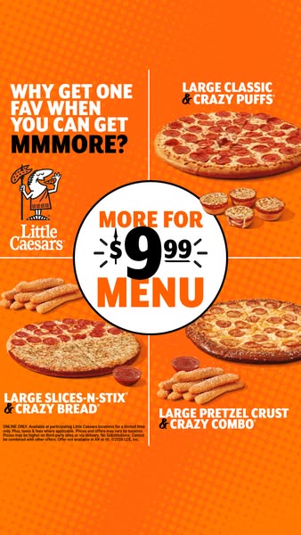 This image ad is for Little Caesars promoting their $9.99 menu with four different product options. The ad features a qu
