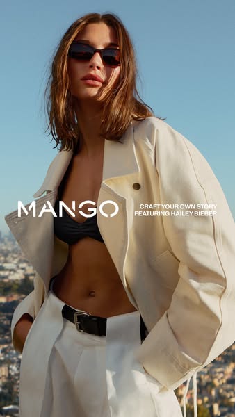This ad features Hailey Bieber modeling apparel by Mango. The ad uses a bright and airy aesthetic to showcase the brand&