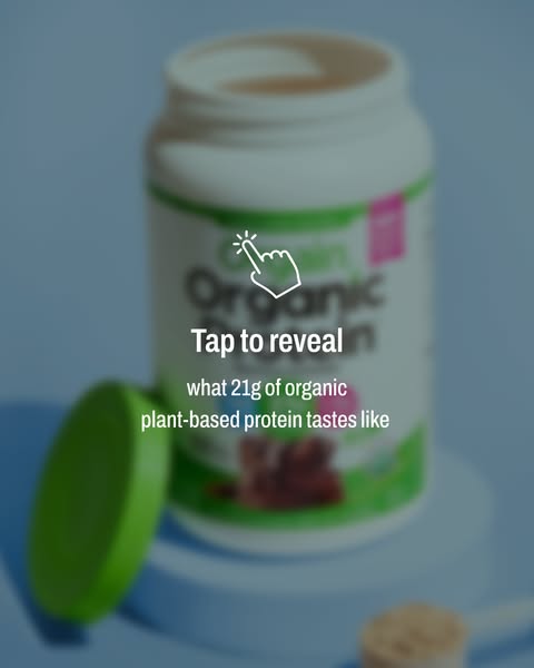 This ad uses a tap-to-reveal format to showcase the taste of organic plant-based protein. It features a close-up of the 