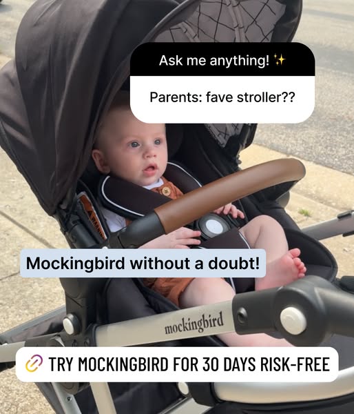 This ad features an overhead shot of a baby sitting in a Mockingbird stroller on what appears to be a city street. The a