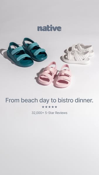This image ad features 3 different color variations of Native brand sandals. It uses social proof in the form of a custo