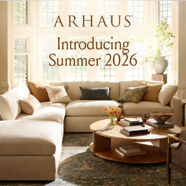The ad showcases a living room setup, highlighting a sectional sofa as part of Arhaus's Summer 2026 collection. The 