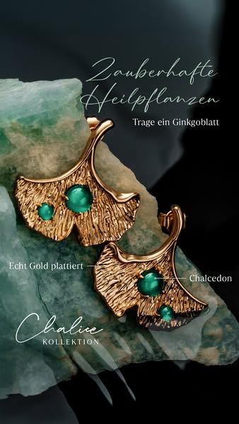 The ad showcases Ginkgo leaf shaped earrings with green stones on a stone surface. The ad highlights the collection of h