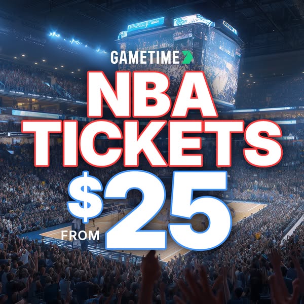 This image ad from Gametime promotes NBA tickets starting from $25. The ad uses a dynamic image from a basketball stadiu