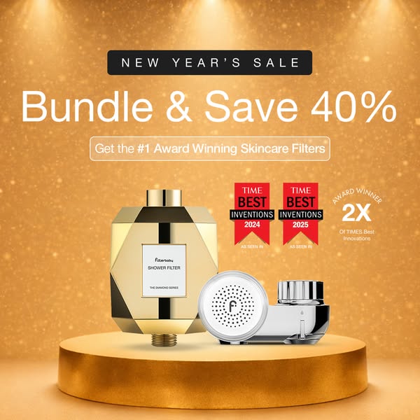 This image ad promotes a New Year's sale for Filteroo skincare filters, offering a 40% discount on bundles. The ad h