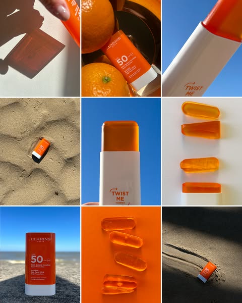 This image ad for Clarins features a collage of images showcasing the product, the Clarins Twist & Protect Stick SFP