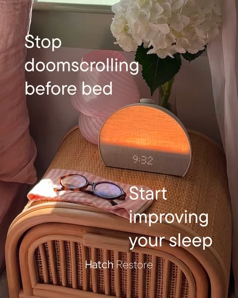 This image ad for Hatch Restore speaks to the pain point of doomscrolling before bed, and proposes that the product can 