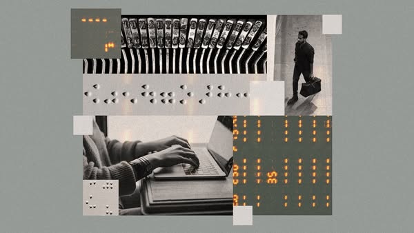 This image ad employs a collage-style layout to present various forms of text, including typewriter text, braille, digit