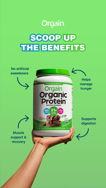 This image ad promotes Orgain Organic Protein Powder, highlighting its benefits such as muscle support and recovery, dig