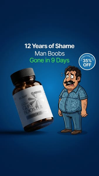 This ad shows a cartoon illustration of a man with man boobs next to a bottle of Bioma GLP-1 Booster, which is said to e