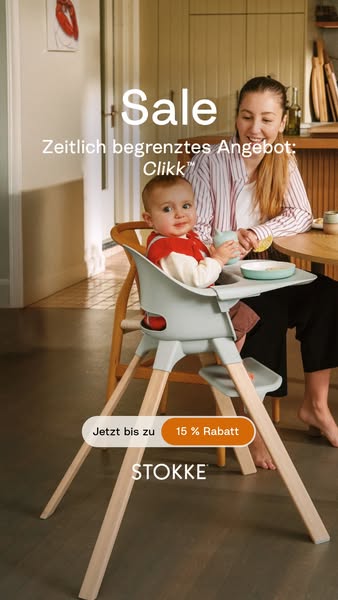This ad features the Stokke Clikk high chair, highlighting a limited-time sale. The image shows a baby using the high ch
