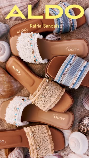 This ad showcases the Aldo Raffia sandals. Several pairs of sandals are displayed on a sandy surface, surrounded by seas