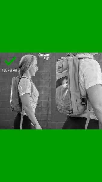 This ad compares the size of the 15L Rucker backpack on two different people to show how it fits on different body types