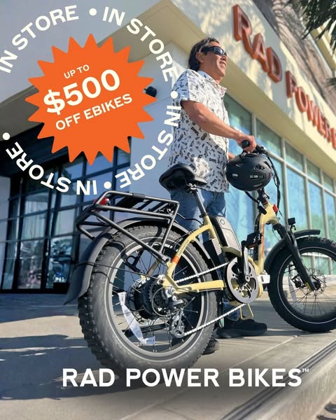 This image ad promotes Rad Power Bikes, highlighting an in-store offer of up to $500 off e-bikes. The ad features a man 
