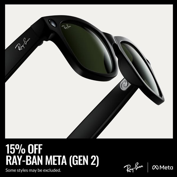 This image ad promotes Ray-Ban Meta (Gen 2) smart glasses, offering a 15% discount. The ad features a close-up shot of t