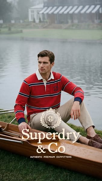 This ad features a man modeling an outfit from Superdry & Co while sitting in a canoe next to a lake. The ad is desi